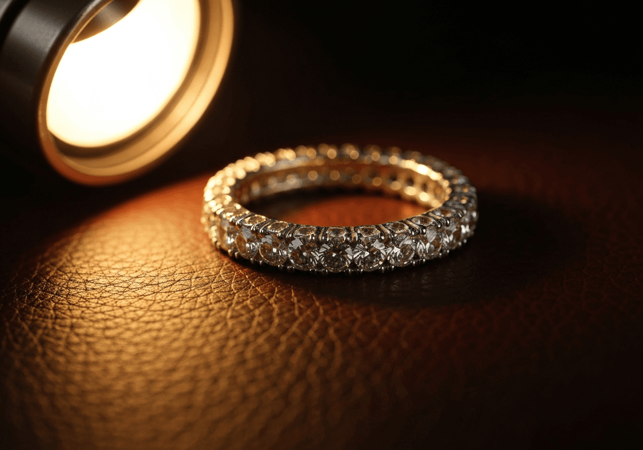 Diamond pave eternity ring on cognac leather under warm light