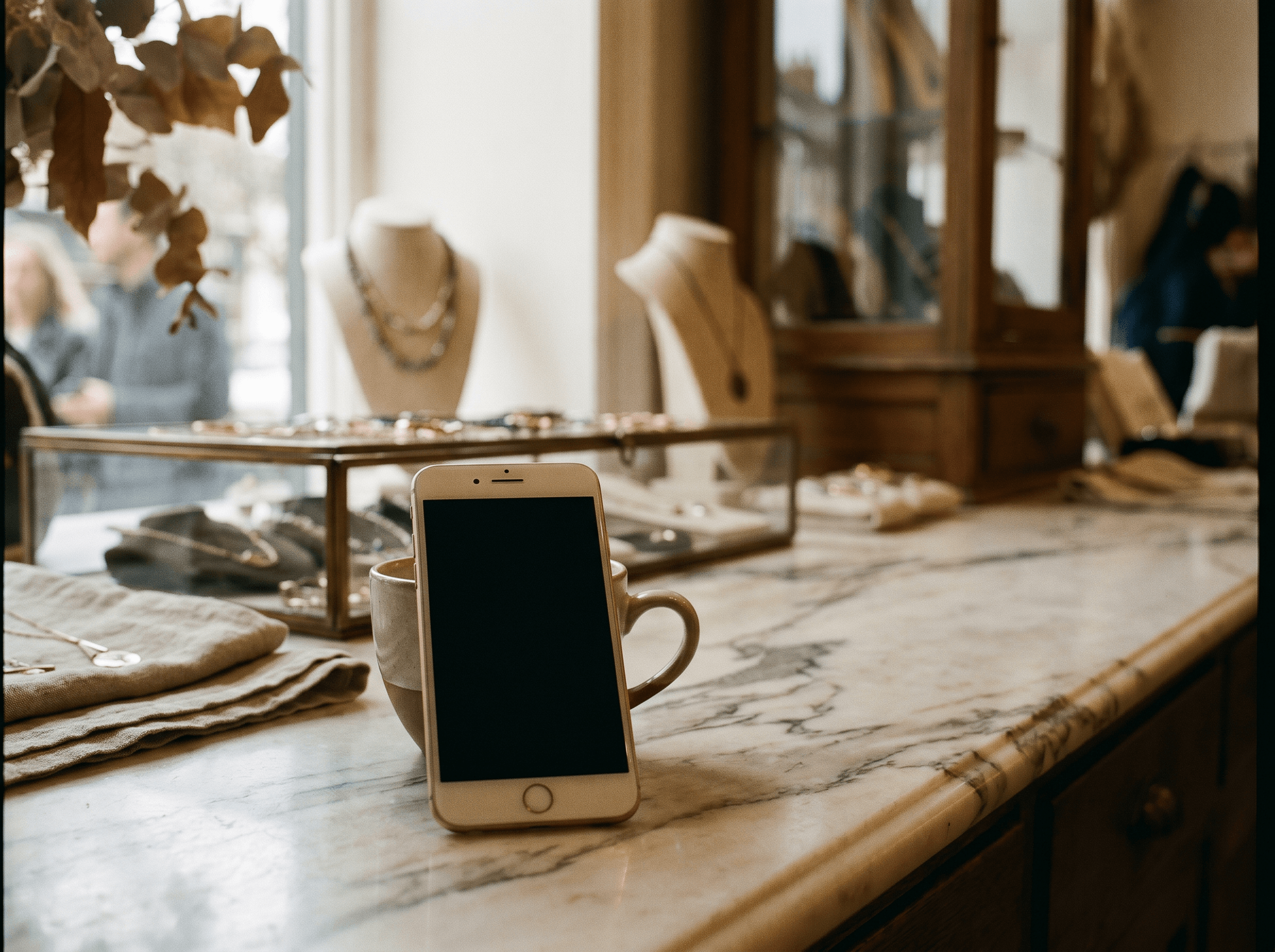 A smartphone leaning against a coffee cup on a marble counter in a jewelry boutique at morning