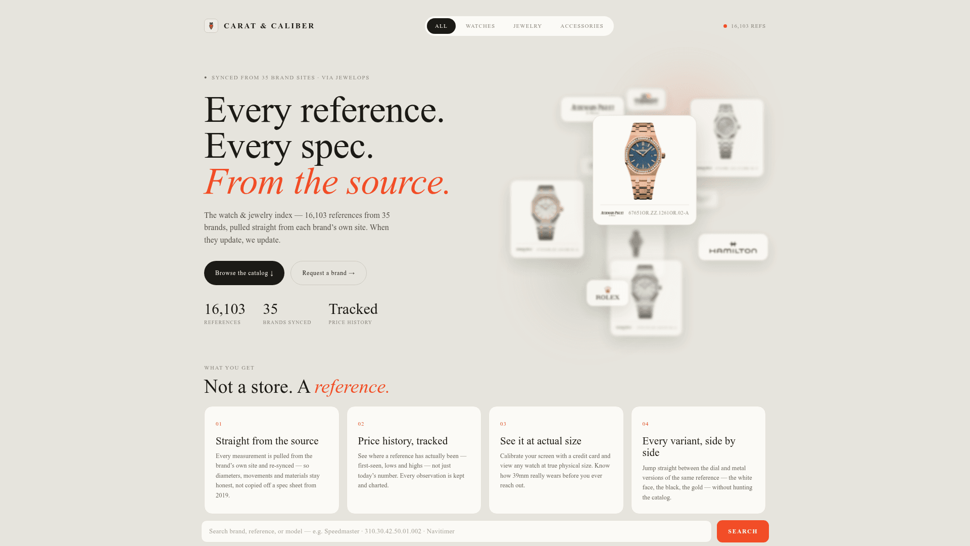 Carat & Caliber homepage — catalog of 16,103 synced references