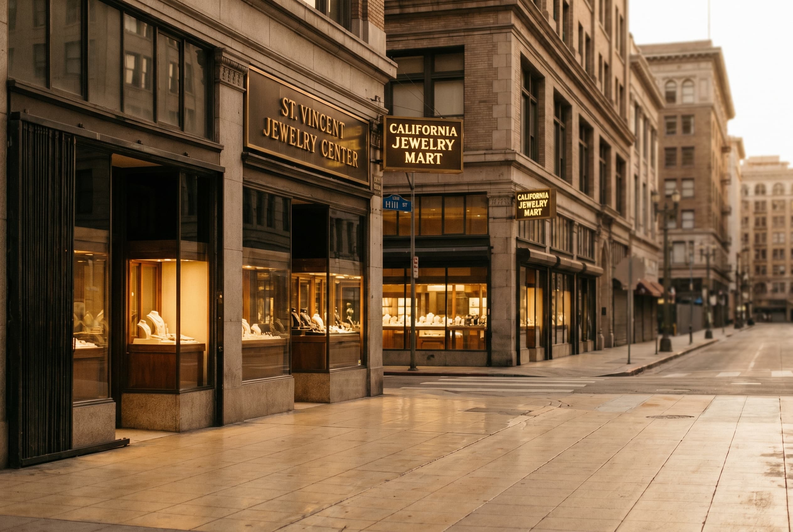 Downtown Los Angeles Jewelry District on Hill Street at golden hour, St Vincent Jewelry Center and California Jewelry Mart storefronts visible