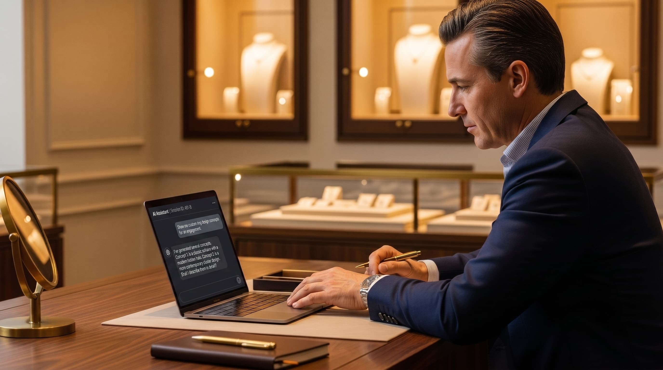 A luxury jewelry retailer reviews AI search results on a laptop at a walnut desk in their showroom