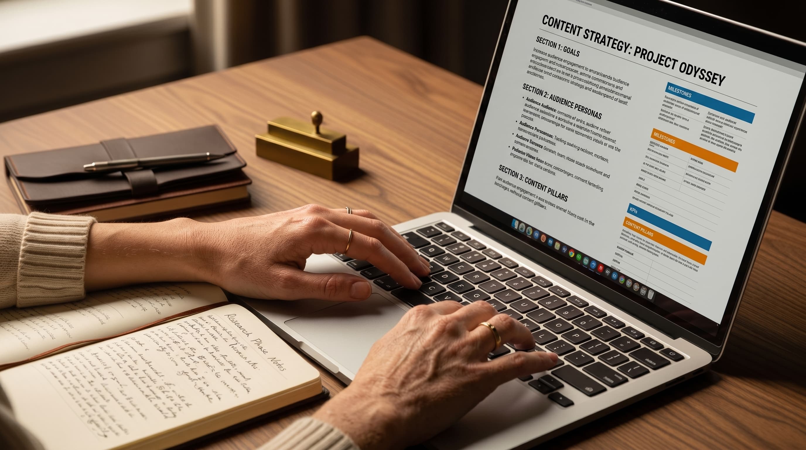 Close-up of hands working on a structured content document at a luxury walnut desk