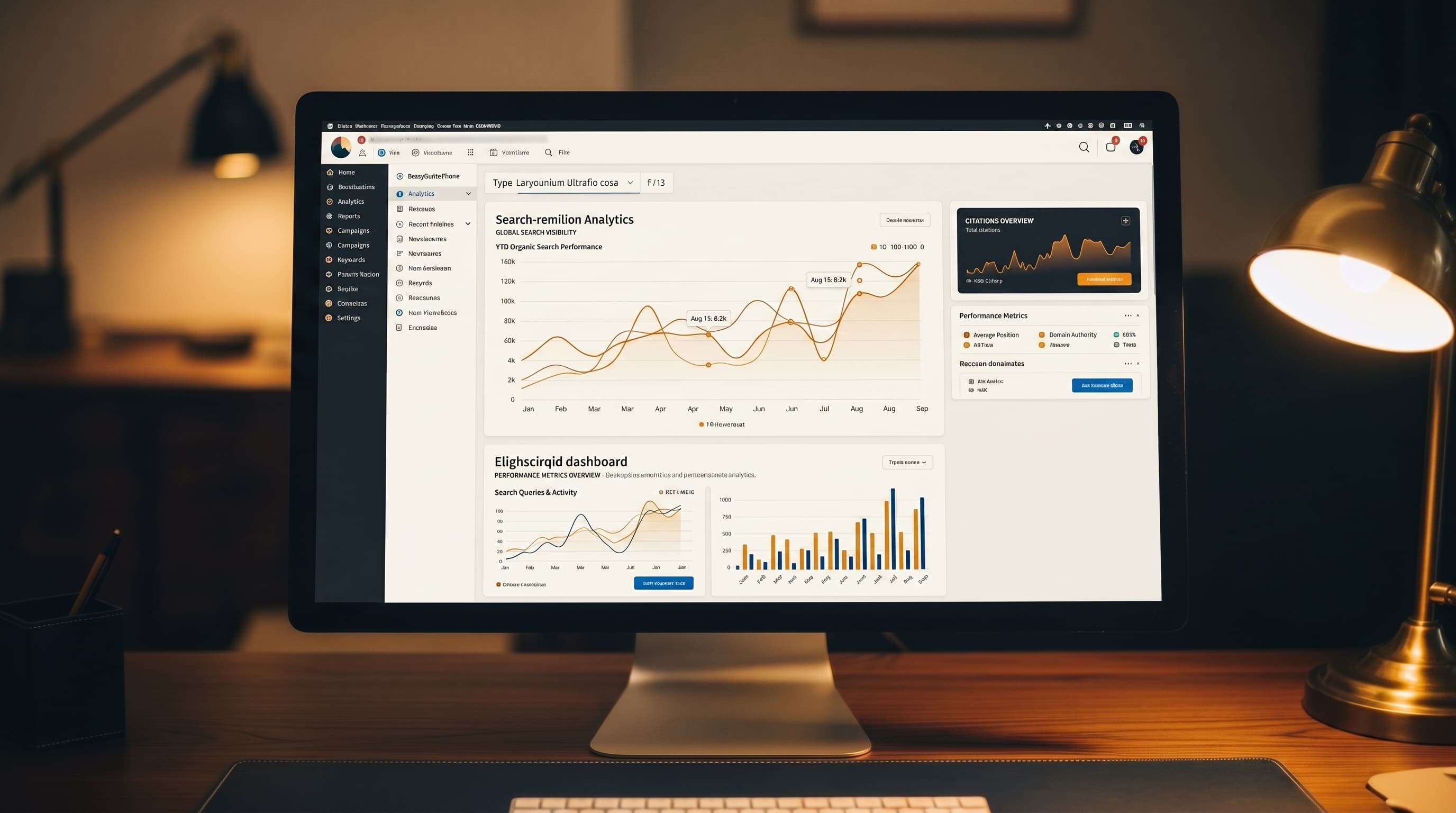 A premium analytics dashboard displaying search performance and AI citation data on a monitor in a luxury office