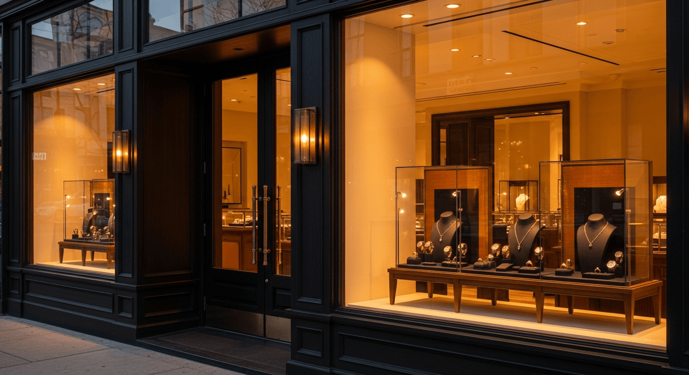 Luxury jewelry boutique storefront at golden hour