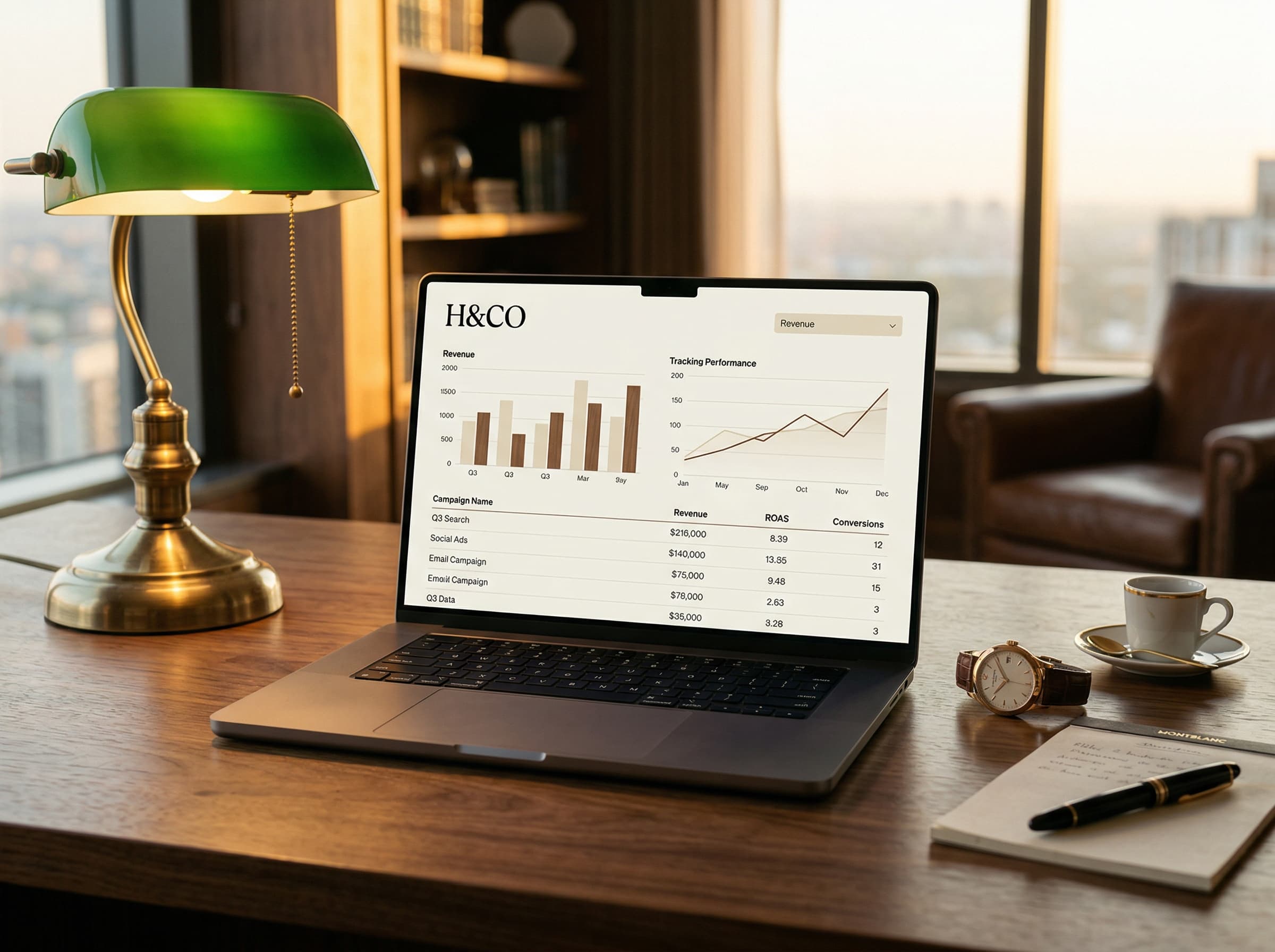 H&CO attribution dashboard on a MacBook in a luxury office, showing revenue and campaign performance