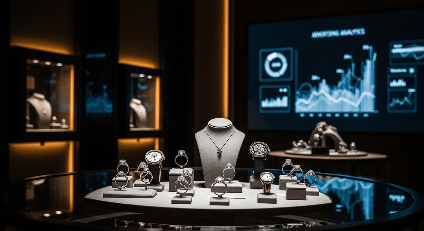 Jewelry store advertising guide showing luxury retail display with analytics