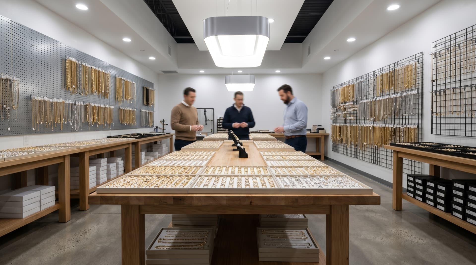 Jewelry wholesale showroom with chain displays, trays of gold pieces, and buyers examining inventory