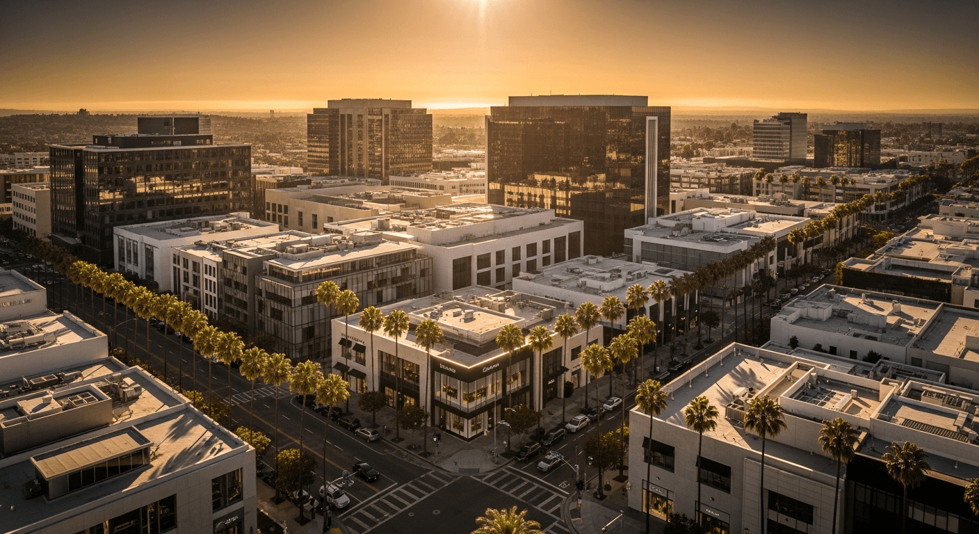 Aerial view of Los Angeles at golden hour with luxury retail district, palm trees, and modern architecture