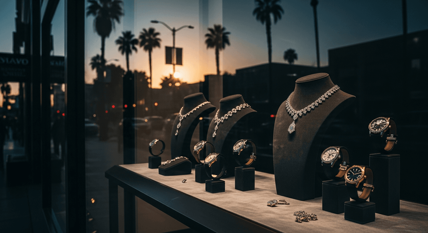 Luxury jewelry store window display on a Los Angeles street at dusk with diamond necklaces and watches
