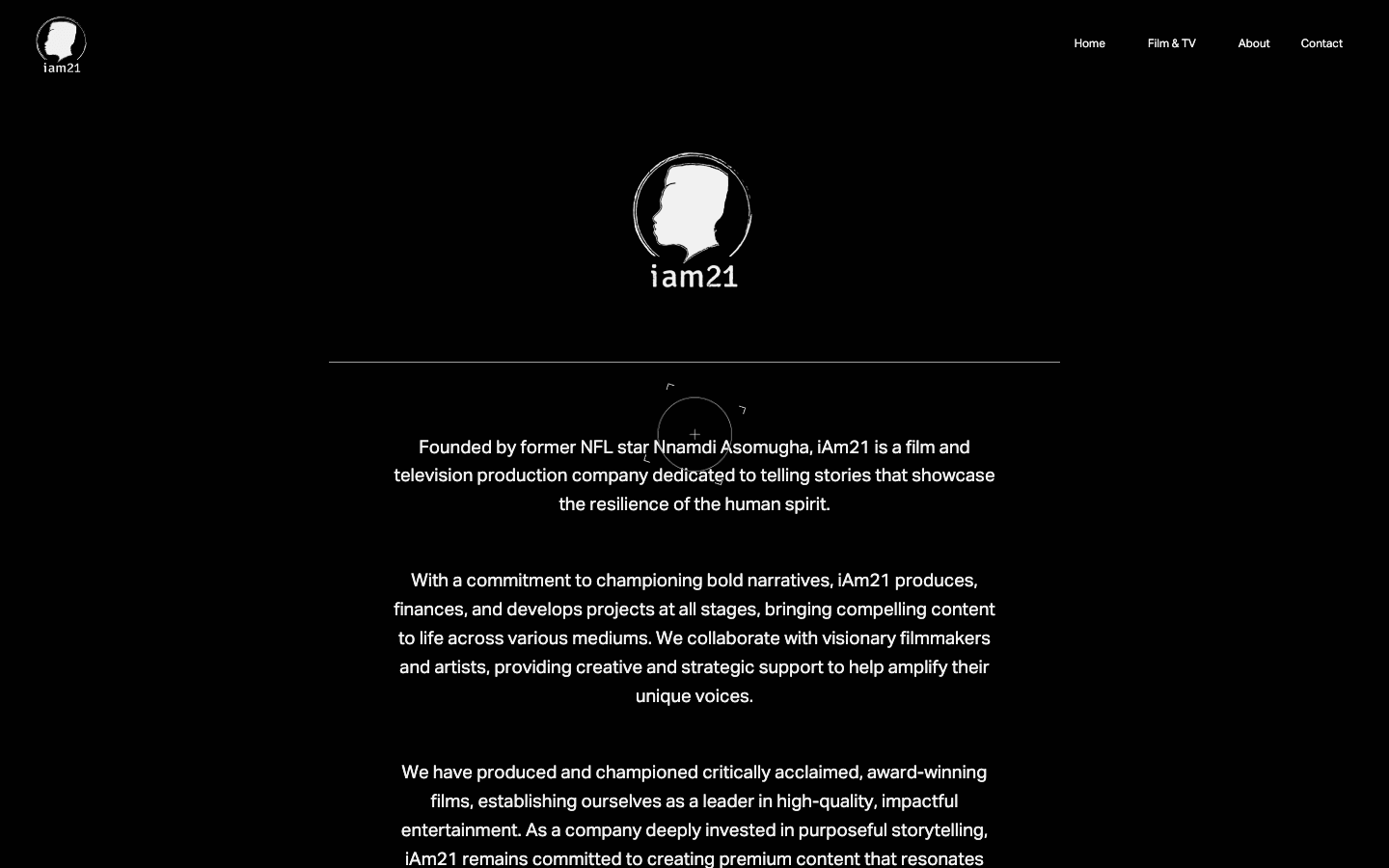 iAm21 Entertainment about page with company logo and mission statement