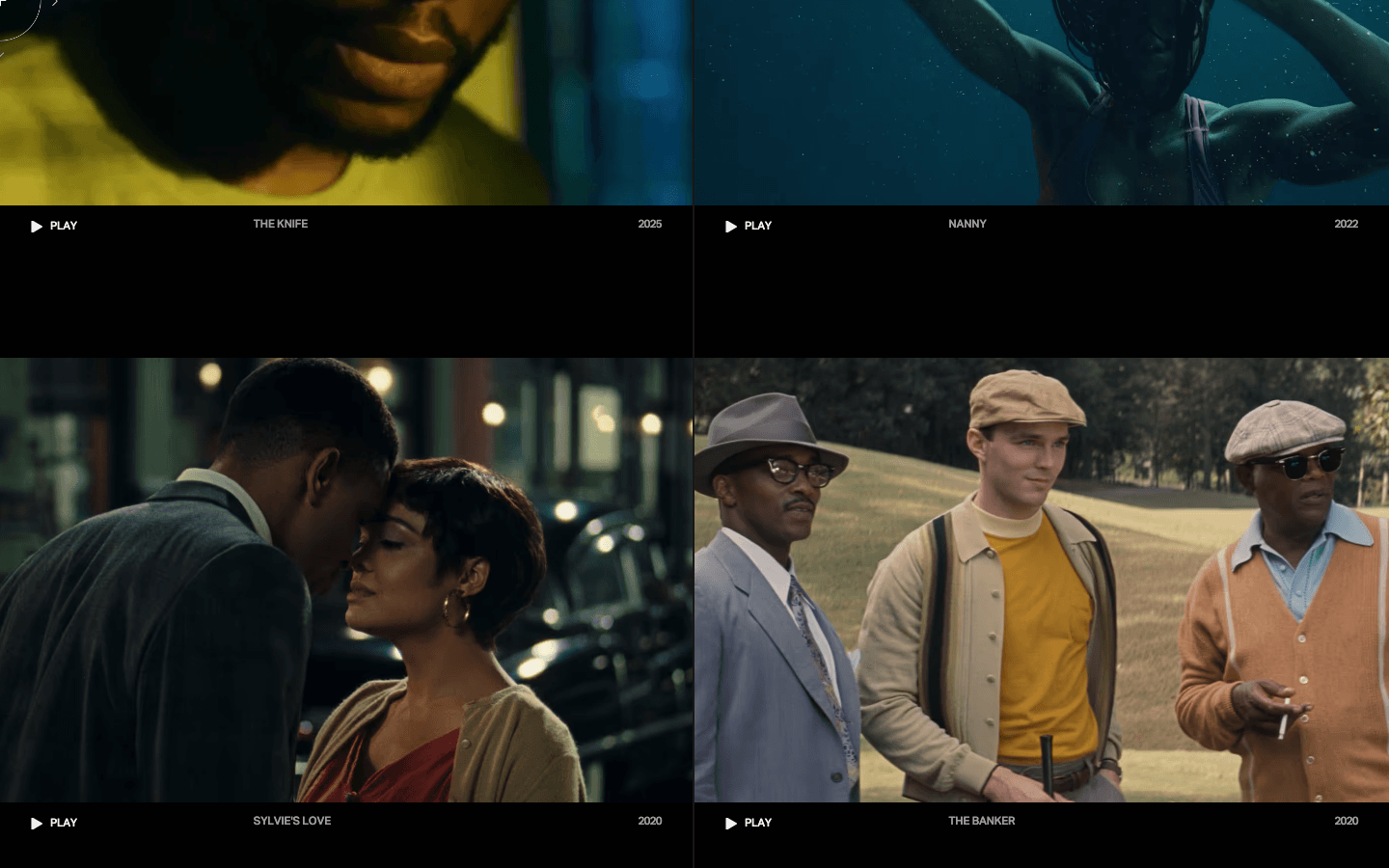 iAm21 Entertainment film grid showing Sylvies Love, The Banker, and other productions