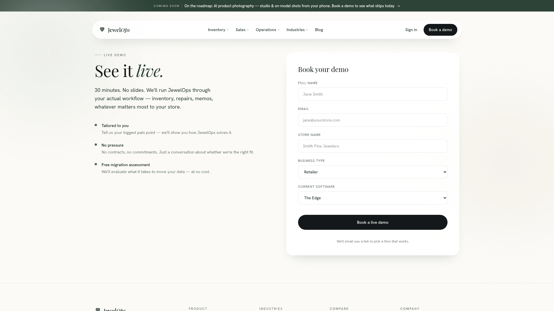 JewelOps demo request form with conditional fields