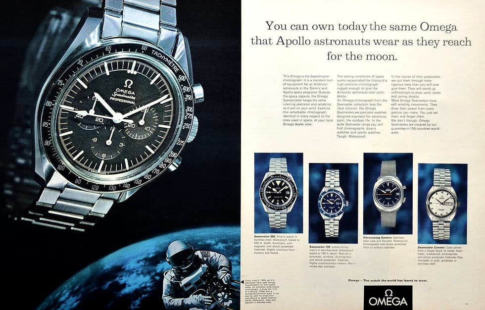 Omega Speedmaster Professional NASA print advertisement, 1969, the watch that went to the moon