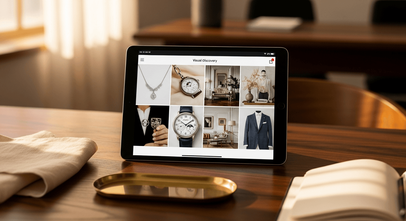 Pinterest mood board with luxury lifestyle imagery on a tablet