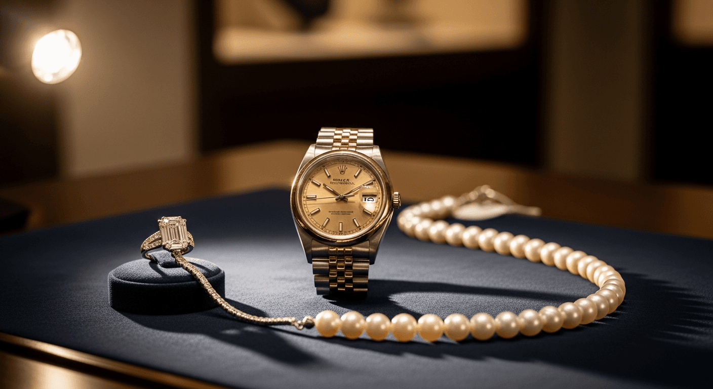 Curated display of pre-owned luxury watches and jewelry on velvet with warm showroom lighting