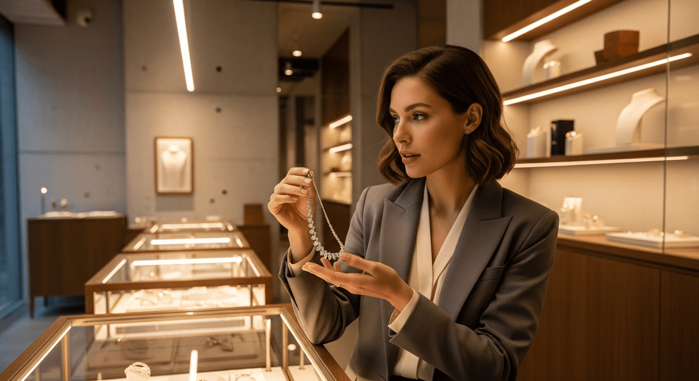 Young professional examining luxury jewelry in a modern minimalist boutique