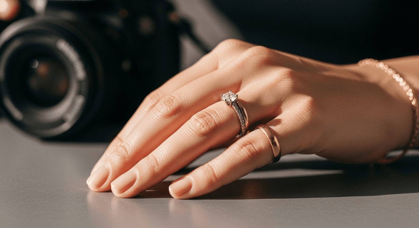 Elegant hand wearing luxury rings and bracelet with professional camera visible in background