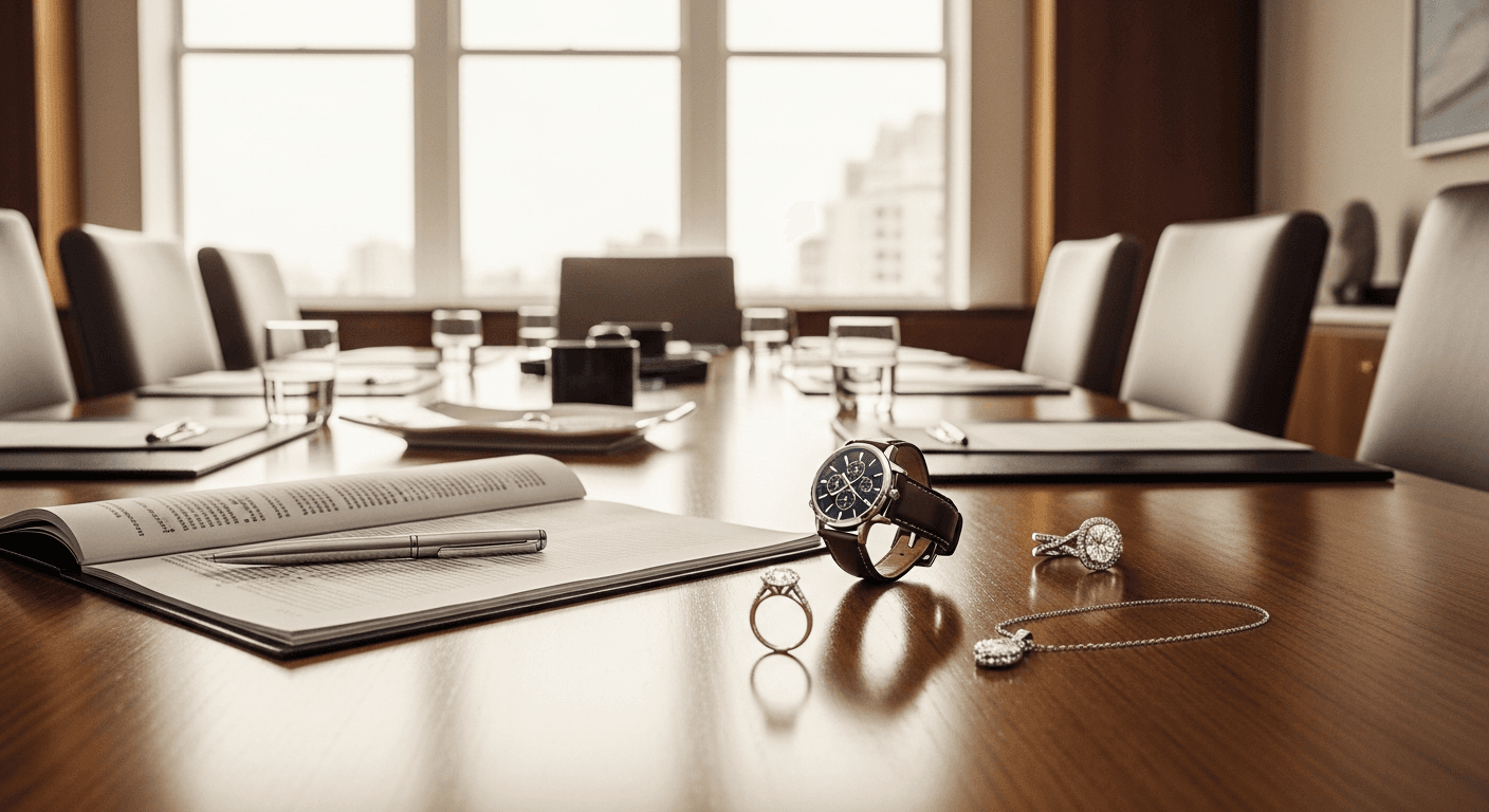Conference table in upscale office with documents and fine jewelry samples in professional setting