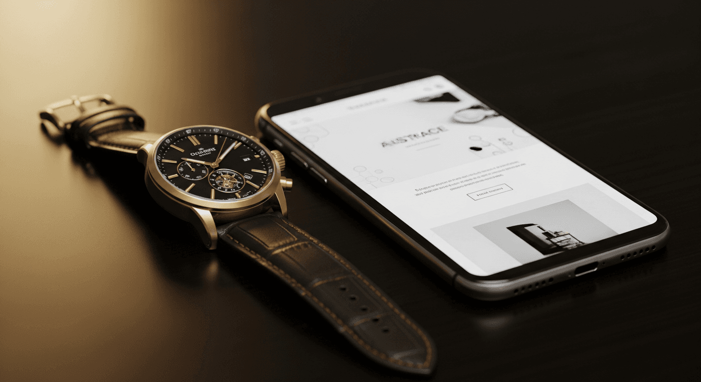 Luxury watch and smartphone showing a website on elegant surface with warm lighting