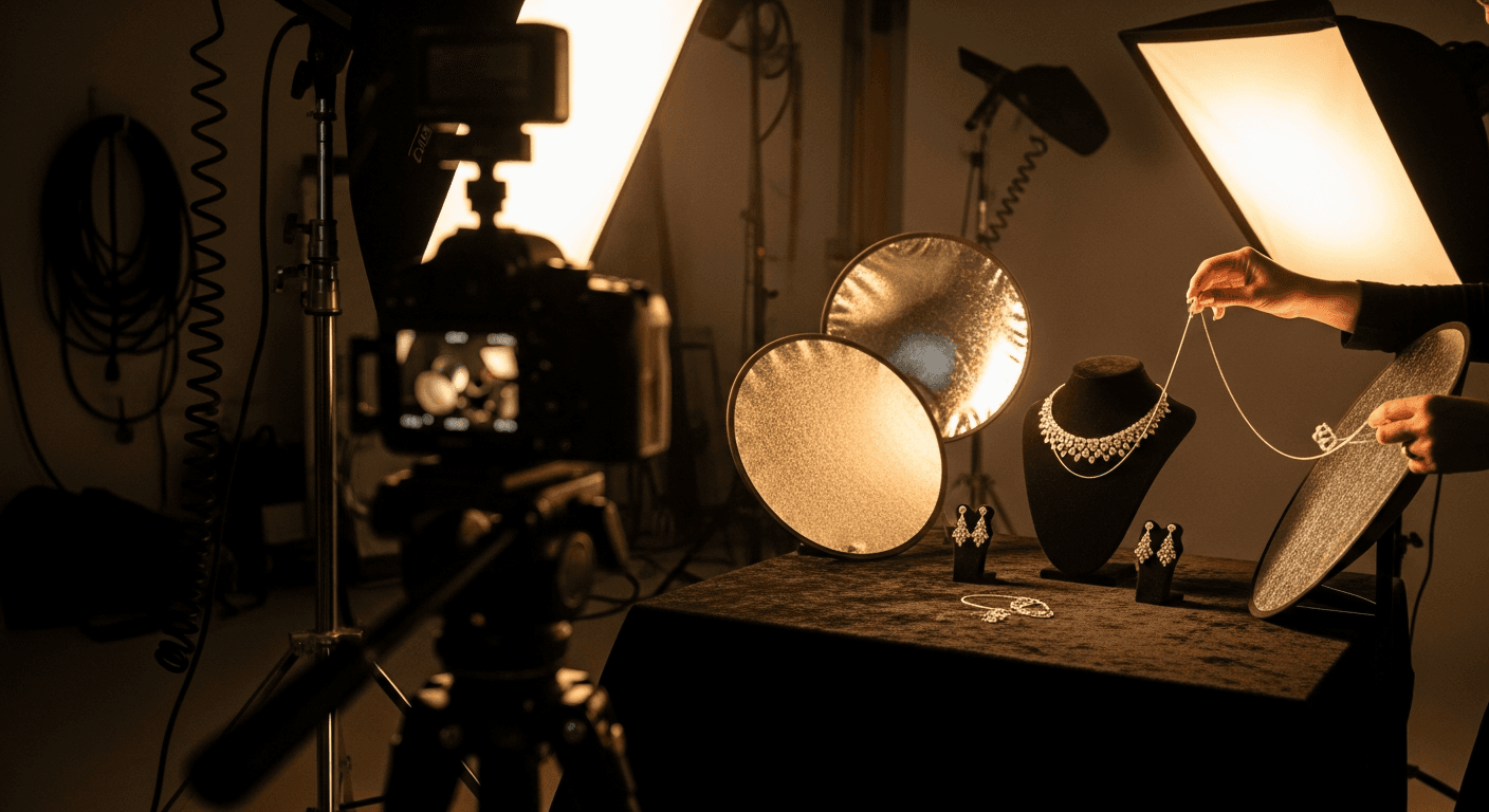Behind the scenes of a luxury jewelry photo shoot with camera equipment and jewelry on set