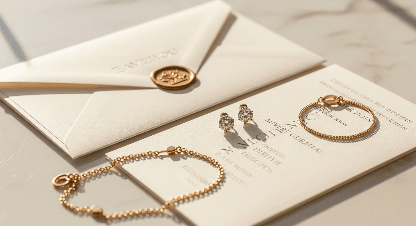 Luxury branded envelope and card on marble surface next to diamond earrings and gold bracelet