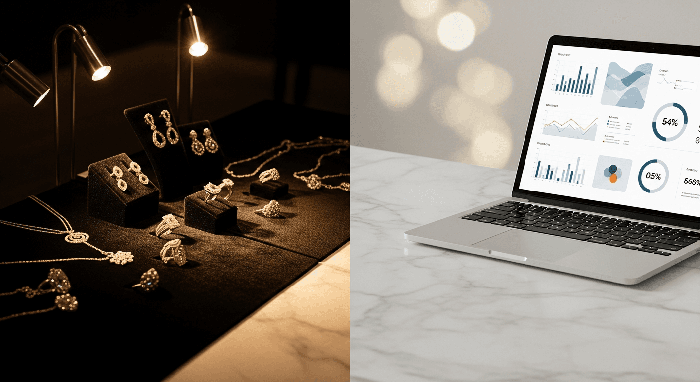 Elegant jewelry display alongside clean data visualization on laptop, luxury retail analytics concept