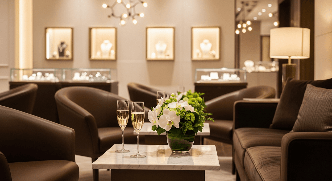 Luxury jewelry store interior with champagne, comfortable seating, and curated displays