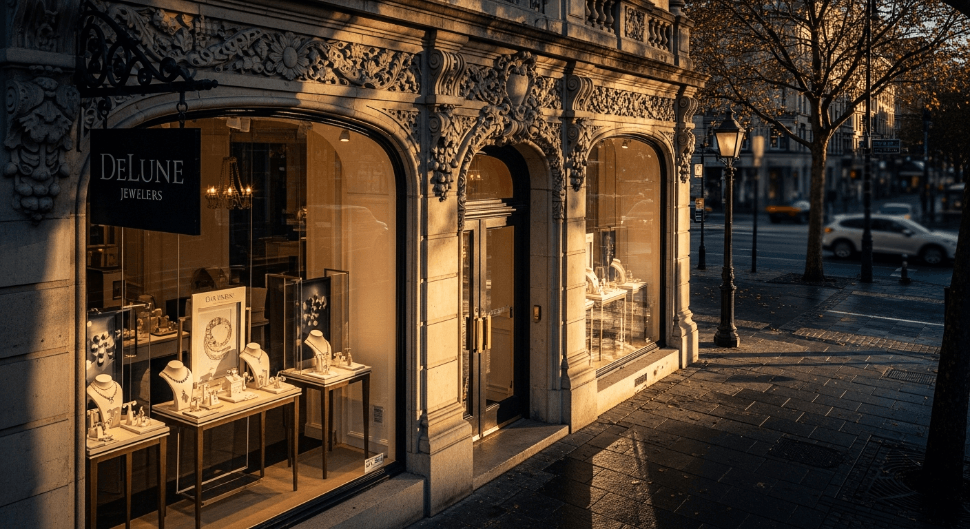 Luxury jewelry storefront exterior at golden hour with elegant signage and city street