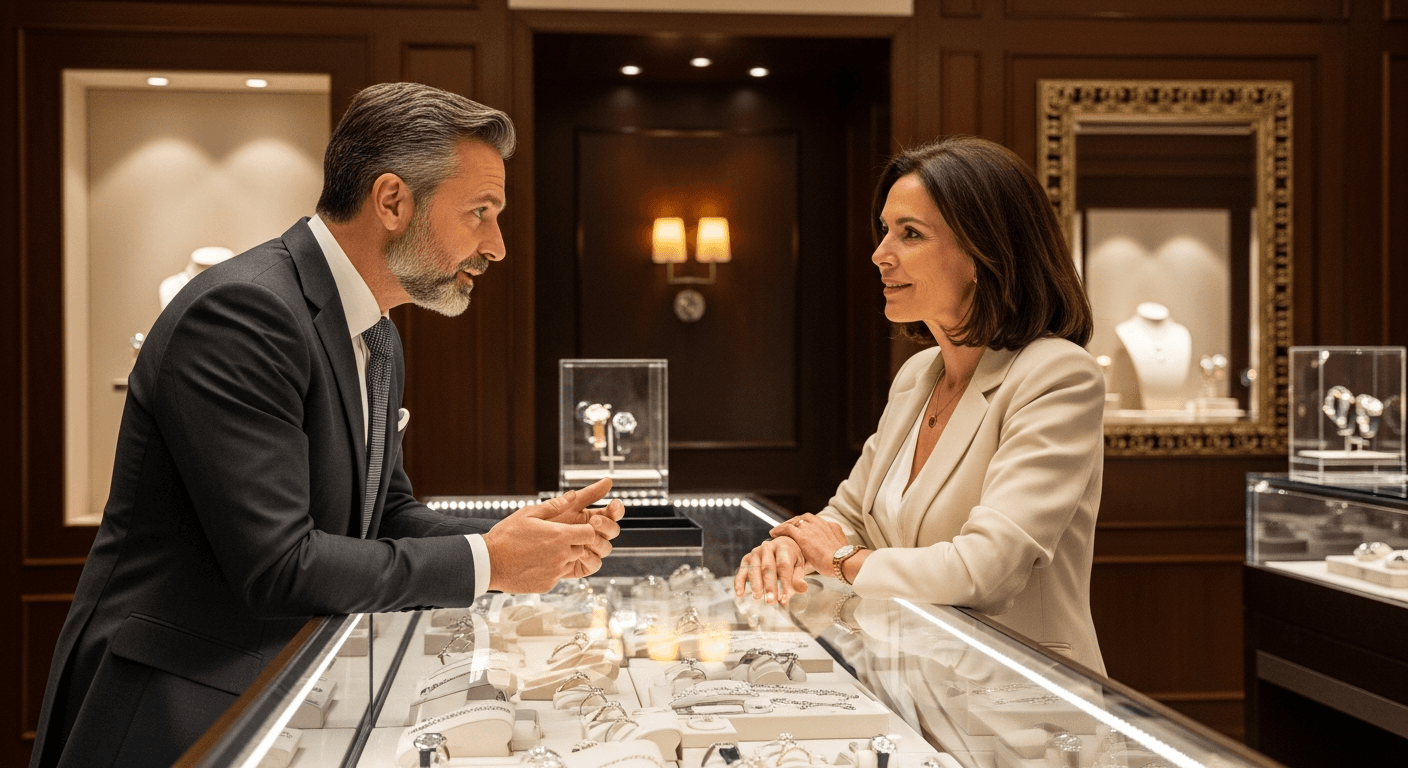 Jeweler in conversation with well-dressed client across a luxury boutique display counter