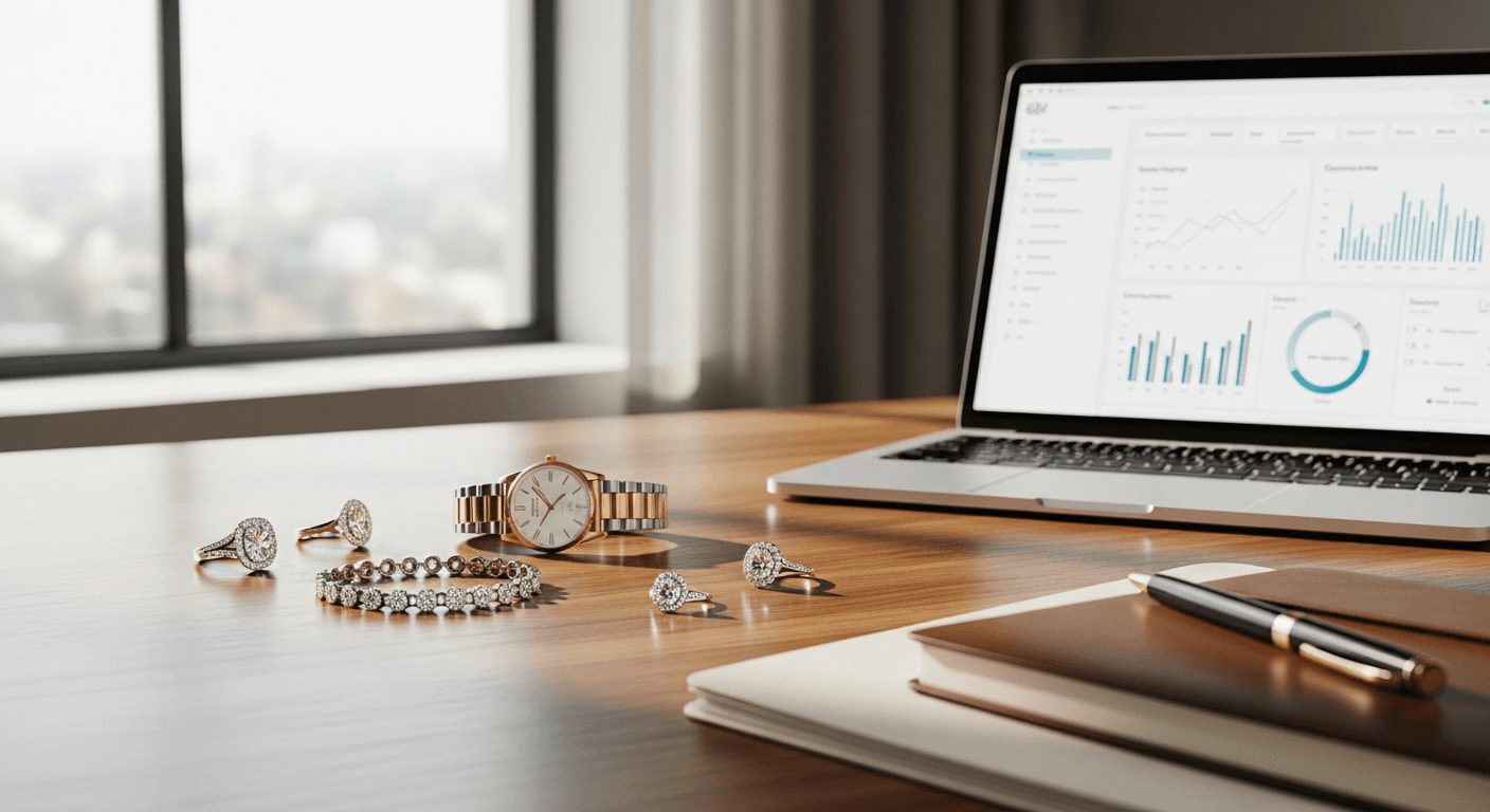 Luxury retail desk with laptop analytics and fine jewelry pieces on warm wood surface