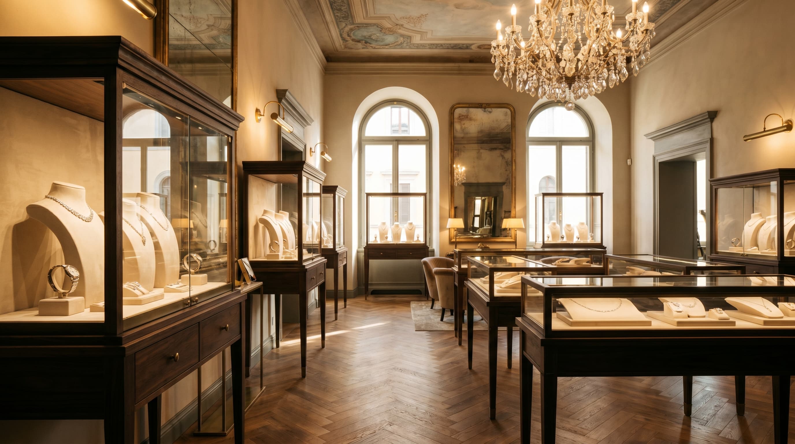 Italian luxury jewelry boutique interior with walnut display cases, chandelier, and herringbone floors for L'ORO Jewellery