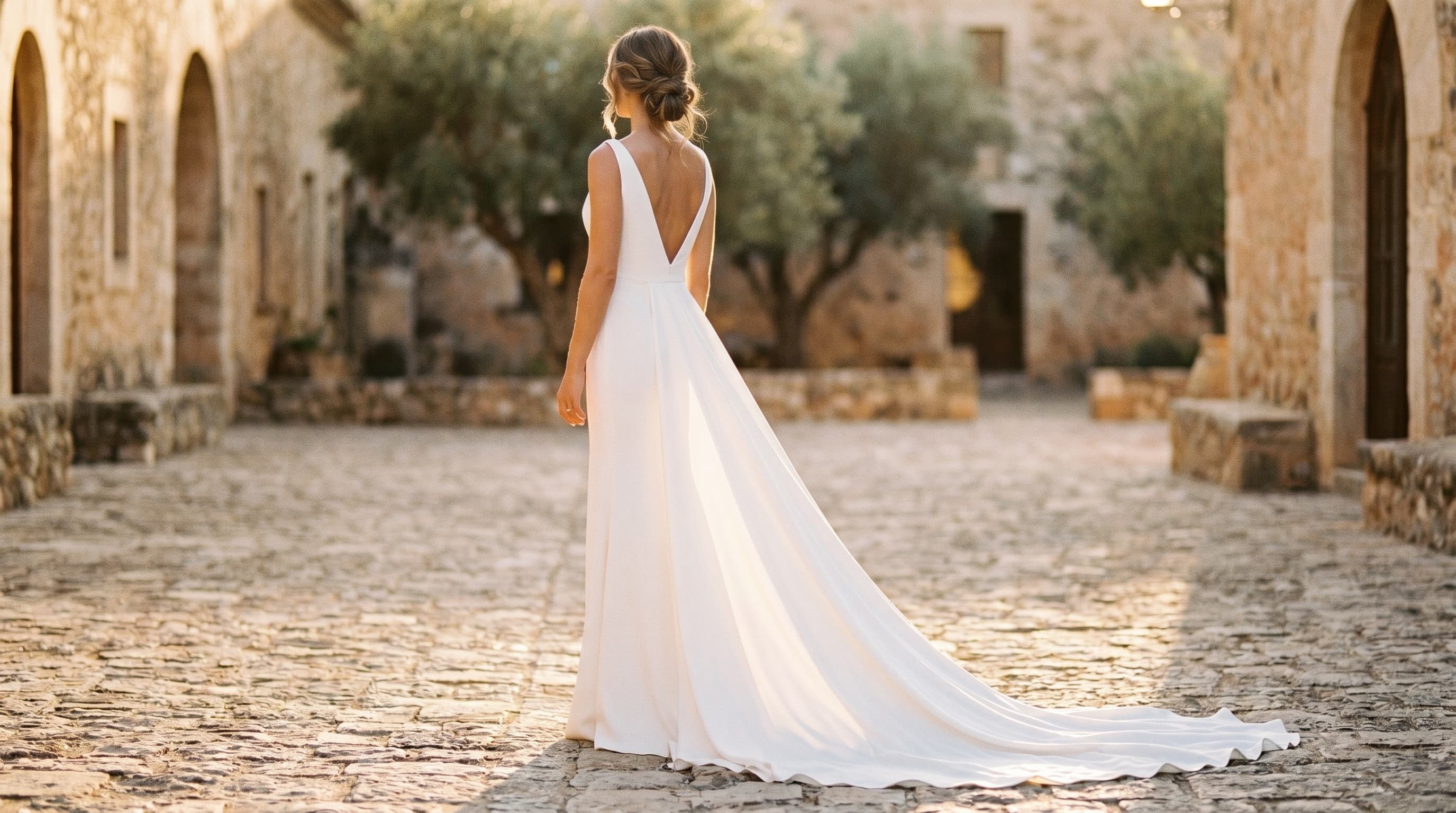 Bride in minimalist crepe wedding gown with cathedral train at golden hour in stone courtyard for Paloma Blanca