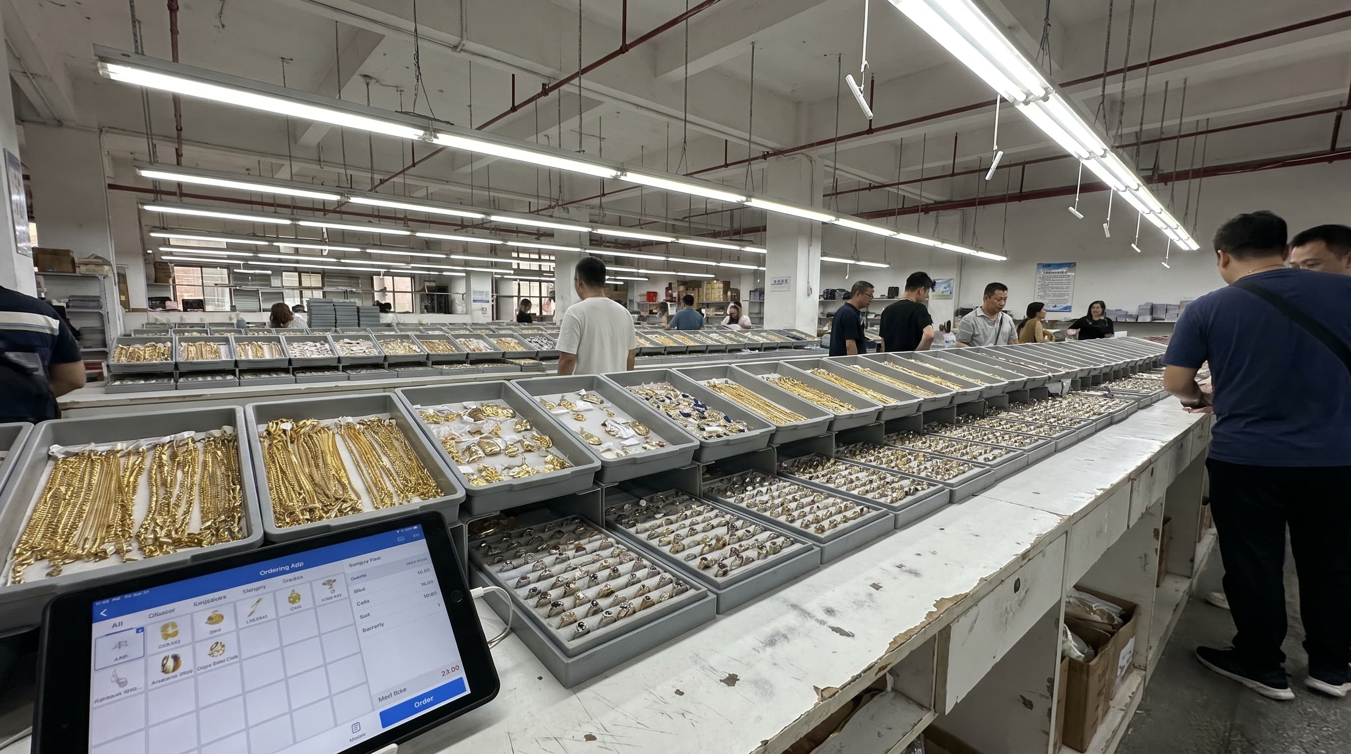 Wholesale jewelry showroom with trays of gold chains and gemstone rings, digital ordering tablet in foreground for Shiny Jewellers