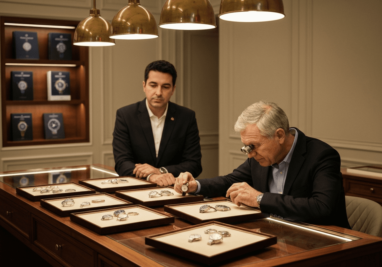 Editorial luxury boutique photograph illustrating retailer gray market