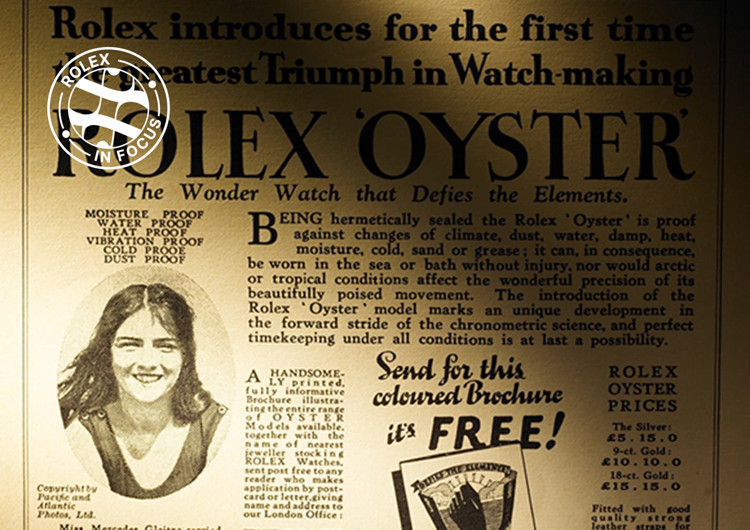 Rolex Oyster front-page advertisement in the Daily Mail, November 24, 1927, featuring Mercedes Gleitze's English Channel vindication swim
