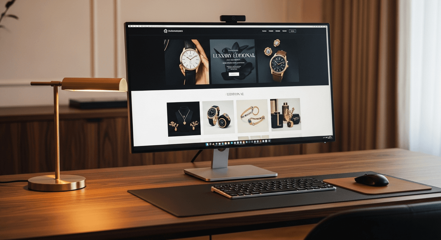 Luxury e-commerce website displayed on a large monitor in a premium office
