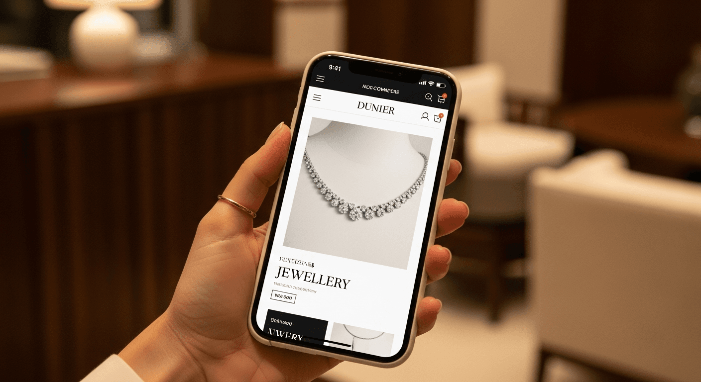 Luxury jewelry product page on a mobile phone