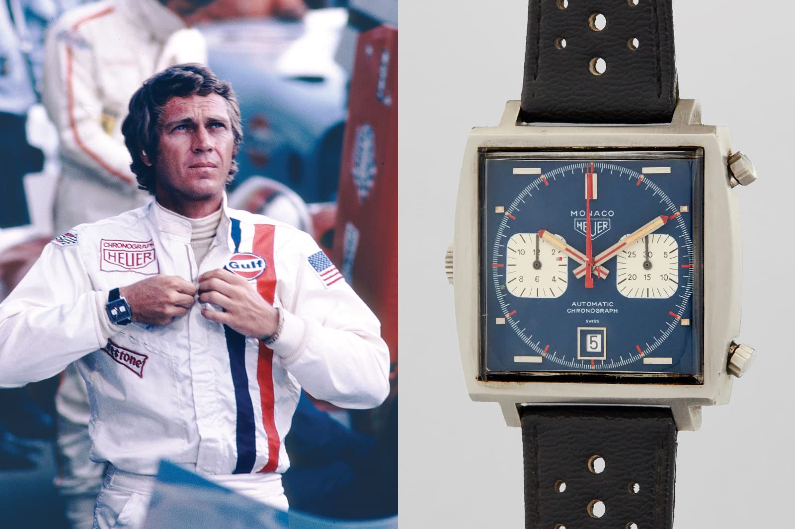 Steve McQueen wearing TAG Heuer Monaco during filming of Le Mans, 1971