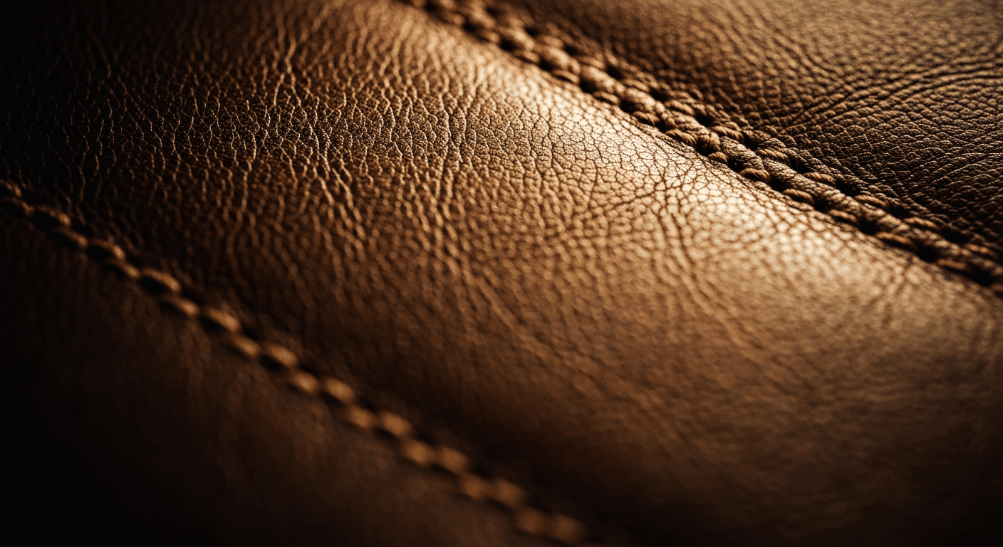 Abstract macro of cognac leather texture and stitching