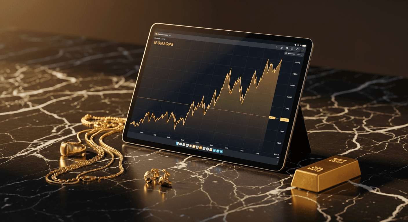 Live gold price chart on tablet screen next to wholesale jewelry pieces
