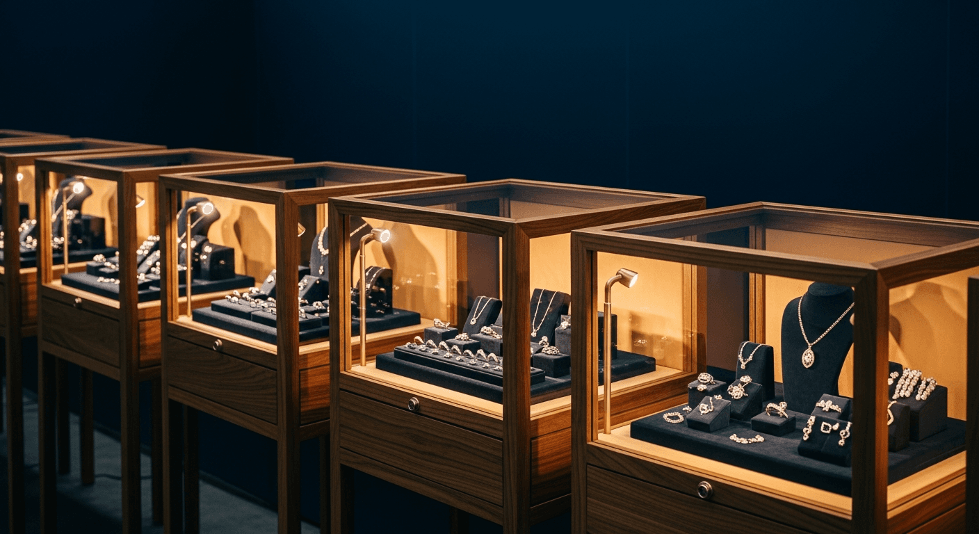 Jewelry trade show booth with illuminated display cases