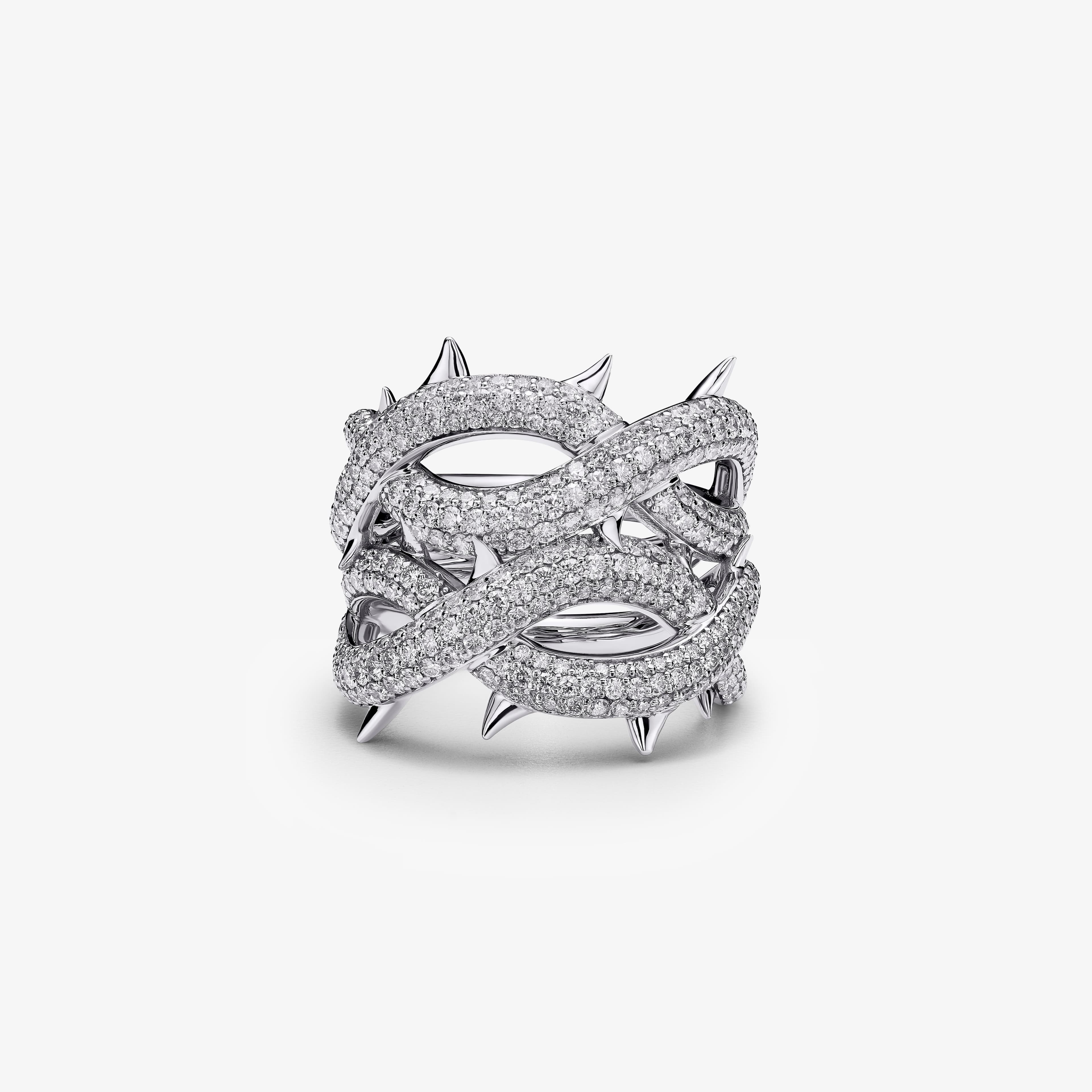 Alex Moss Crown of Thorns ring, with intertwined diamond-set bands and white-gold thorns