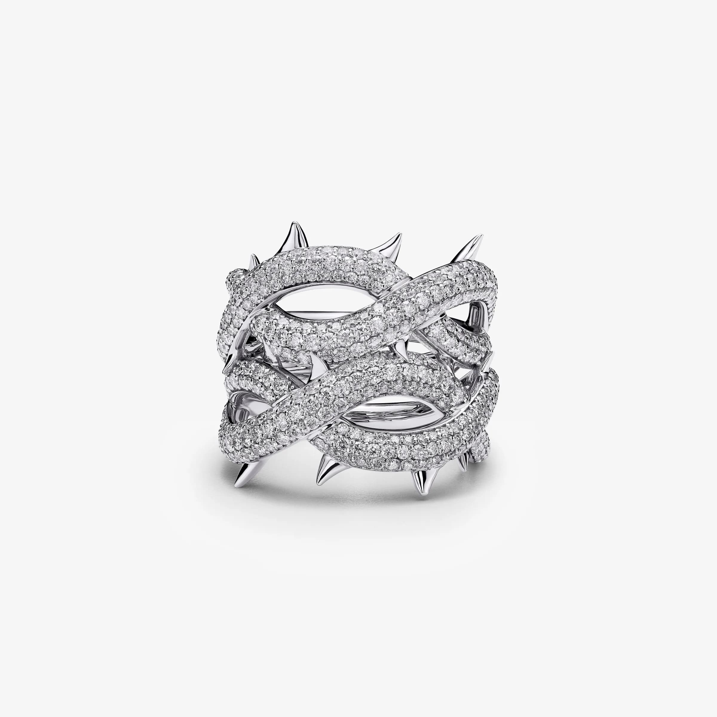 Alex Moss Crown of Thorns ring, with intertwined diamond-set bands and white-gold thorns