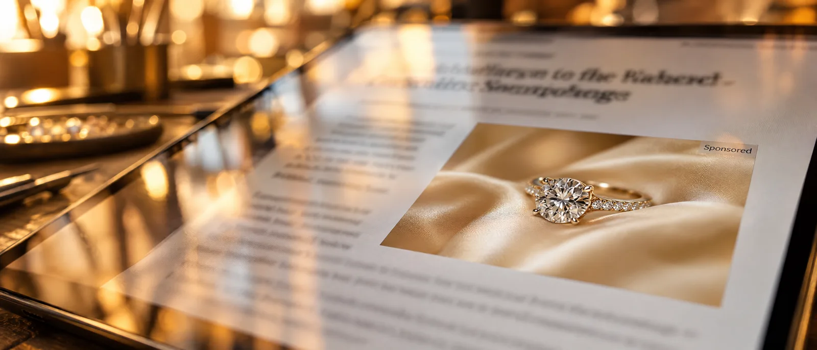 Close-up of a tablet showing a sponsored ring advertisement inside an article