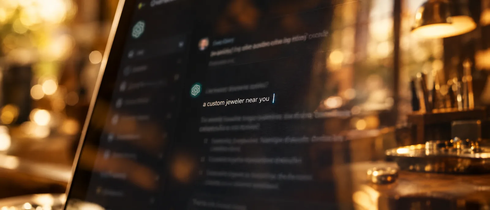 Close-up of a laptop showing an AI assistant recommending a custom jeweler