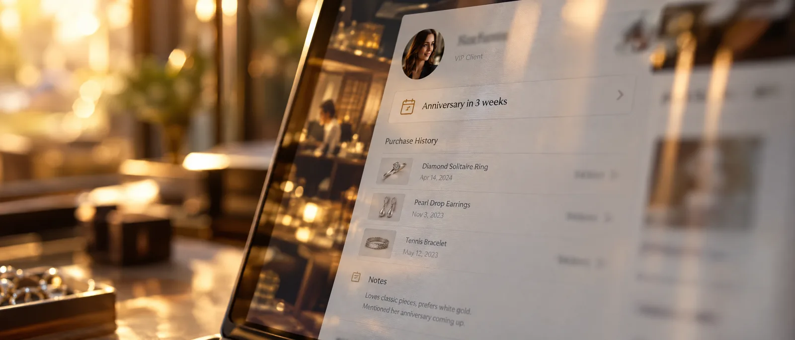 Close-up of a laptop showing a customer record with an upcoming anniversary