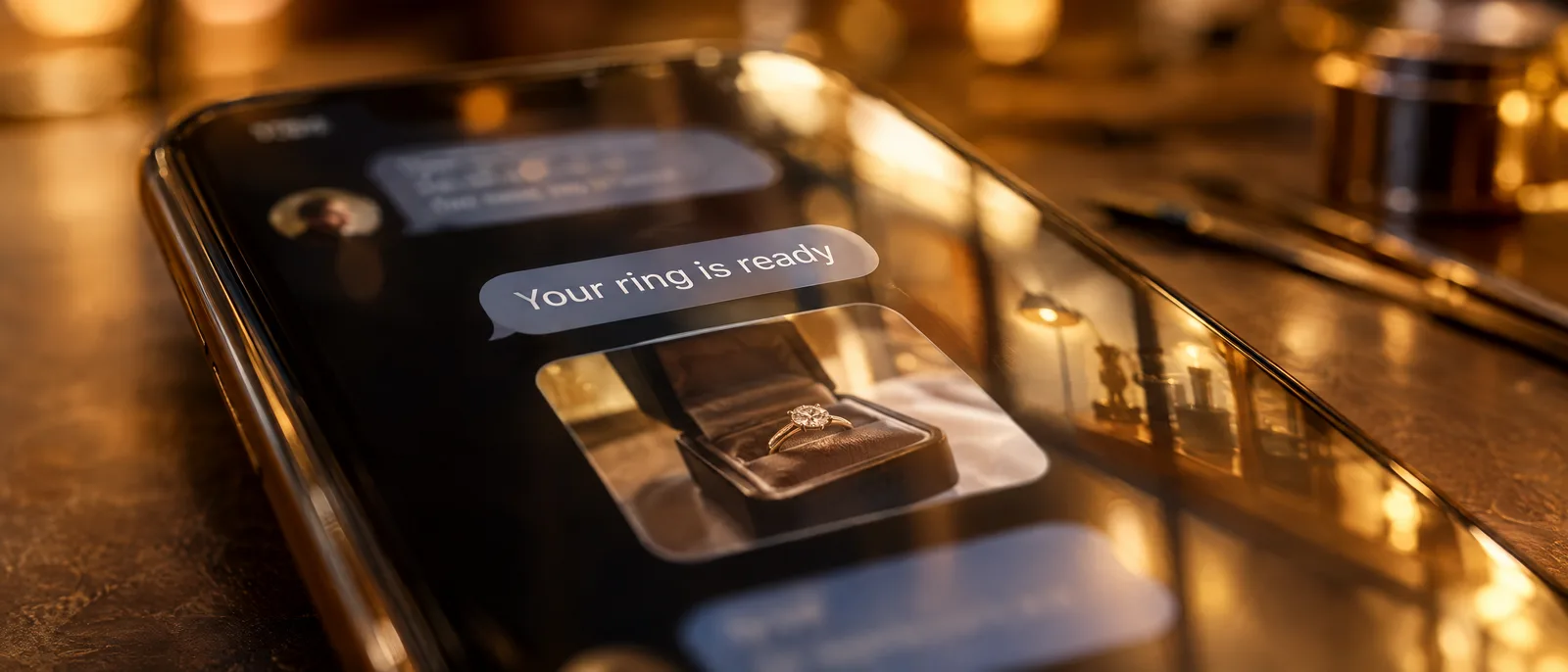 Close-up of a phone showing a text message from a jeweler that a ring is ready