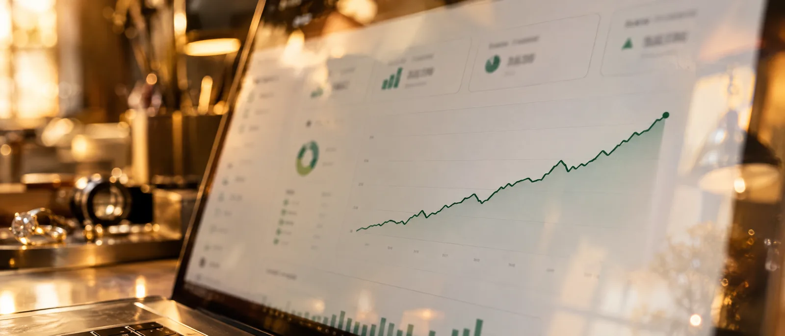 Close-up of a laptop showing a sales reporting dashboard with a rising green line