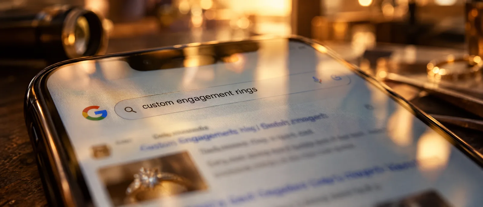Close-up of a phone showing a Google search for custom engagement rings