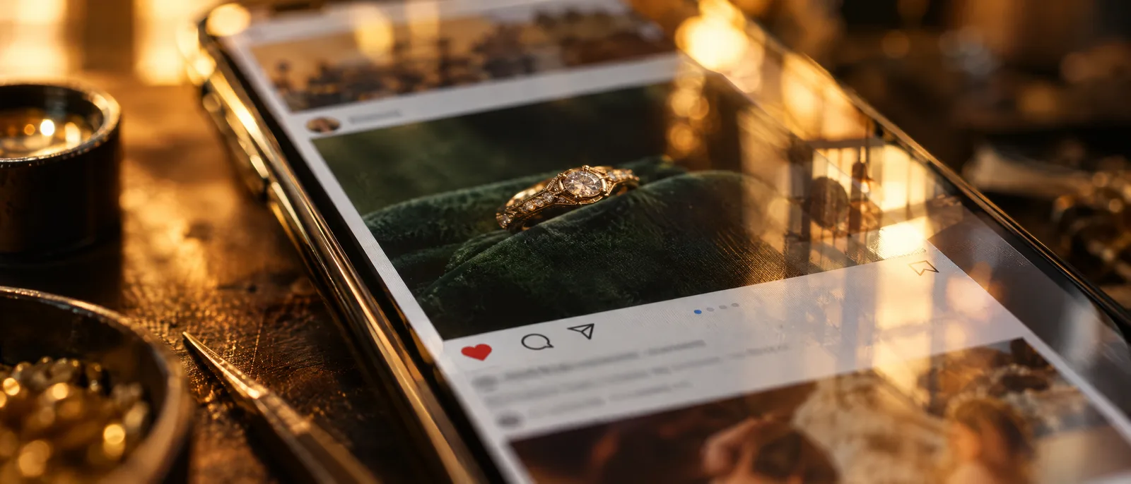 Close-up of a phone showing an Instagram post of a gold ring on green velvet